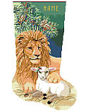 The Lion and The Lamb Stocking - PDF: Make the holidays extra merry with this sweet stocking for the peace loving, animal fan in your life. It features delicate detailing, festive holiday colors as a mighty lion lies with a lamb under the pine bough! The proverb on 'In like a lion and out like a lamb' is appropriate here. This charming piece is a heartwarming design that's sure to be enjoyed for years to come!