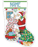Celebrate the Christmas holiday with a jolly kiss when you hang this playful stocking on your mantel!Romance is alive and well as Santa and Mrs. Claus share warm wishes and holiday kisses under the mistletoe while surrounded by toys and a Christmas tree. Santa is getting ready to deliver toys and the elf reminds Santa to take his list. A sweet and charming scene that will become a treasured heirloom. 