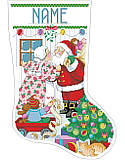 Kissin' Clauses Stocking - PDF: Celebrate the Christmas holiday with a jolly kiss when you hang this playful stocking on your mantel!Romance is alive and well as Santa and Mrs. Claus share warm wishes and holiday kisses under the mistletoe while surrounded by toys and a Christmas tree. Santa is getting ready to deliver toys and the elf reminds Santa to take his list. A sweet and charming scene that will become a treasured heirloom. 