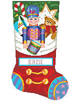 This stocking looks like it is already full of toys and goodies including the decorated Gingerbread Cookie, Candy Cane, Sail Boat, Teddy Bear and the Toy Soldier with his drum hanging over the edge of what looks like the top of the stocking, but don't worry, there is plenty of room to fill the real stocking with all kinds of treats. Includes great finishing instructions. 