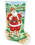 Golfing Santa Stocking - PDF: Fore! Santa is on the golf course and he's dressed in his best golf attire while his reindeer and sleigh wait patiently while he plays a few holes! Our most requested design for the active dad, this clever depiction will be a cherished heirloom.
