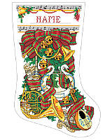 Deck the halls with a musical theme! This lush stocking features a cacophony of musical instruments including a Swan harp, a Mandolin and Brass Horns that are sure to delight any music lover! 