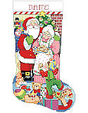 Merry Christmas Couple Stocking - PDF: This Santa and Mrs. Claus stocking is bursting with cheerful details sure to pep up your mantel! Santa is wearing a traditional red and white Santa suit and Mrs. Claus is carrying a tray of cookies for all the elves. You'll love the details in this chart, from the old fashioned fireplace, curious cat, toys and the rosy-cheeked elf. A fun stocking for the bakers, mothers, cuddly couples or the cat lovers in your family! This adorable duo will bake their way into your heart!