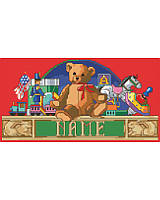 It's one of our favorite artworks for kids because it's so versatile that it can be used as a sign, small pillow, ornament, picture, stocking cuff or other holiday soft home decor. This design features a teddy bear sitting atop a shelf surrounded by classic toys like tin soldier, train, drum, horse, blocks and a top!