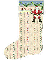 This charming garland stocking with a Santa ornament hanging down is the perfect companion to any and all of our many coveted Heirloom Stockings! The intricate and lacy style of the wallpaper background makes this a quick stitch and a lovely stocking. Just right for that new grandbaby who needs a stocking on the mantle.
