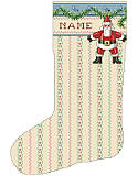 Garland Cuff Heirloom Stocking - PDF: This charming garland stocking with a Santa ornament hanging down is the perfect companion to any and all of our many coveted Heirloom Stockings! The intricate and lacy style of the wallpaper background makes this a quick stitch and a lovely stocking. Just right for that new grandbaby who needs a stocking on the mantle.
