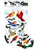 Birds of Winter Stocking - PDF: A family of birds celebrate Christmas in an enchanted winter forest in this delightful and beautiful, classic stocking by Kooler Design Studio. Perfect for anyone, especially bird lovers, with realistic depictions of finches, cardinals and other birds of winter.