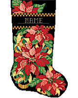 Create a beautiful sumptuous design for the holiday season with the elegant poinsettia stocking by Kooler. This dramatic and traditional red and green poinsettia on a black background is full of sparkle and would look great with any decor and is a joy to stitch.