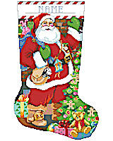 What a bold and graphic stocking that encapsulates Christmas Eve. The children tucked in bed, dreaming of Christmas day while Santa comes down the chimney and brings the goodies. You'll love the details in this cross stitch design that features Santa putting all the gifts under the cookie laden tree! Perfect for any member of the family.
