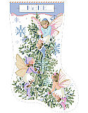 Fairies Christmas Stocking - PDF: Such a sweet and unexpected Christmas stocking design. Pastels, snowflakes and three vintage style fairies flit about the lovely fir tree. A great heirloom piece for that perfect little girl.
