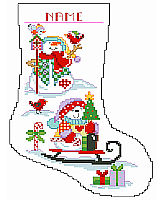 These dressed-for-warmth snowmen play with their birdie friends all winter long. This unique stocking is worked in Big Stitch and is sure to make the winter season a happy one. 