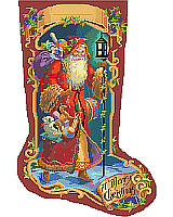 Old world Father Christmas carries toys as a glowing lantern lights his way. Deep jewel tones and a unique border motif make this a rich and vibrant nostalgic classic which will be a cherished heirloom. 