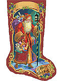 Father Christmas Stocking - PDF: Old world Father Christmas carries toys as a glowing lantern lights his way. Deep jewel tones and a unique border motif make this a rich and vibrant nostalgic classic which will be a cherished heirloom. 