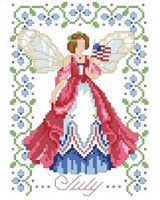 July’s Fairy is patriotic while holding her Red, White, and Blue flag. She is surrounded by Larkspur flowers which enhance the colorful dress she wears. One in a series of twelve faeries.