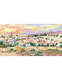 Jerusalem at Dusk - PDF: Dream of far-away destinations every time you gaze at this colorful and warm landscape.
Bursting with emerald greens, warm purples and gold, this stunning Jerusalem cross stitch looks at the old city with a view from the Mount of Olives. This warm and detailed "Jerusalem at Dusk" cross stitch depicts images of sacred Jerusalem, such as the ancient walls and fortifications under the twilight sky. You can look at this piece a hundred times and still find something new!
