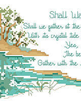 Written in 1864 by poet Robert Lowry, Shall We Gather at the River depicts the paradise that awaits Gods followers as described in Revelation. This long and lovely design subtly depicts the river of life, with cool greens and blues reflected in the still waters. 
