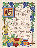 II Chronicles 20:21 - PDF: This scripture excerpt, which speaks of the Lords loving kindness, is depicted in a gorgeous design by Sandy Orton.  The border has a bountiful harvest feel of classic illuminated style reminiscent of a storybook design. 