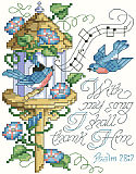 Psalm 28:7 - PDF: “With my song I shall thank Him.” This charming and lilting scripture of thanksgiving makes a sweet song on this little design of bluebirds and morning glories. Trendy birds and birdhouses make this an up-to-date design for bird lovers everywhere.