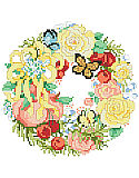 A Wreath For Summer - PDF: This sweet wreath full of summer flowers, butterflies, ribbons and fresh fruit is one of four seasonal wreaths that look perfect together stitched on a pillow or in a long line in a frame. Collect all four.