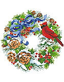 A Wreath For Winter - PDF: This sweet wreath full of cheerful winter pine cones, berries and birds is one of four seasonal wreaths that look perfect together stitched on a pillow or in a long line in a frame. Collect all four.